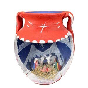 Vintage Mexican Pottery Folk Art Nativity‎ Scene On Hand Made Pottery Pot Figure